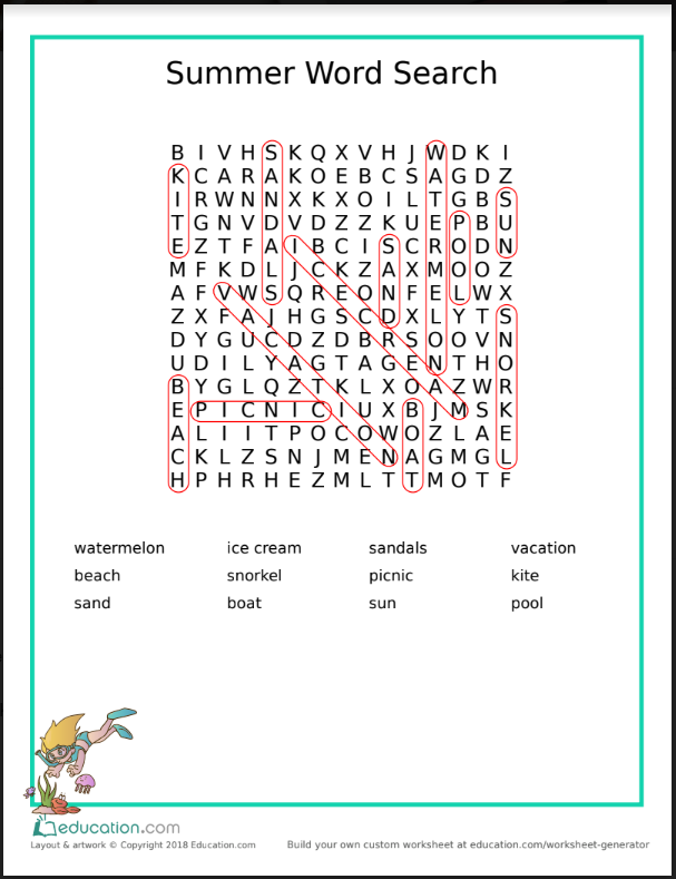 Summer Word Search Answers